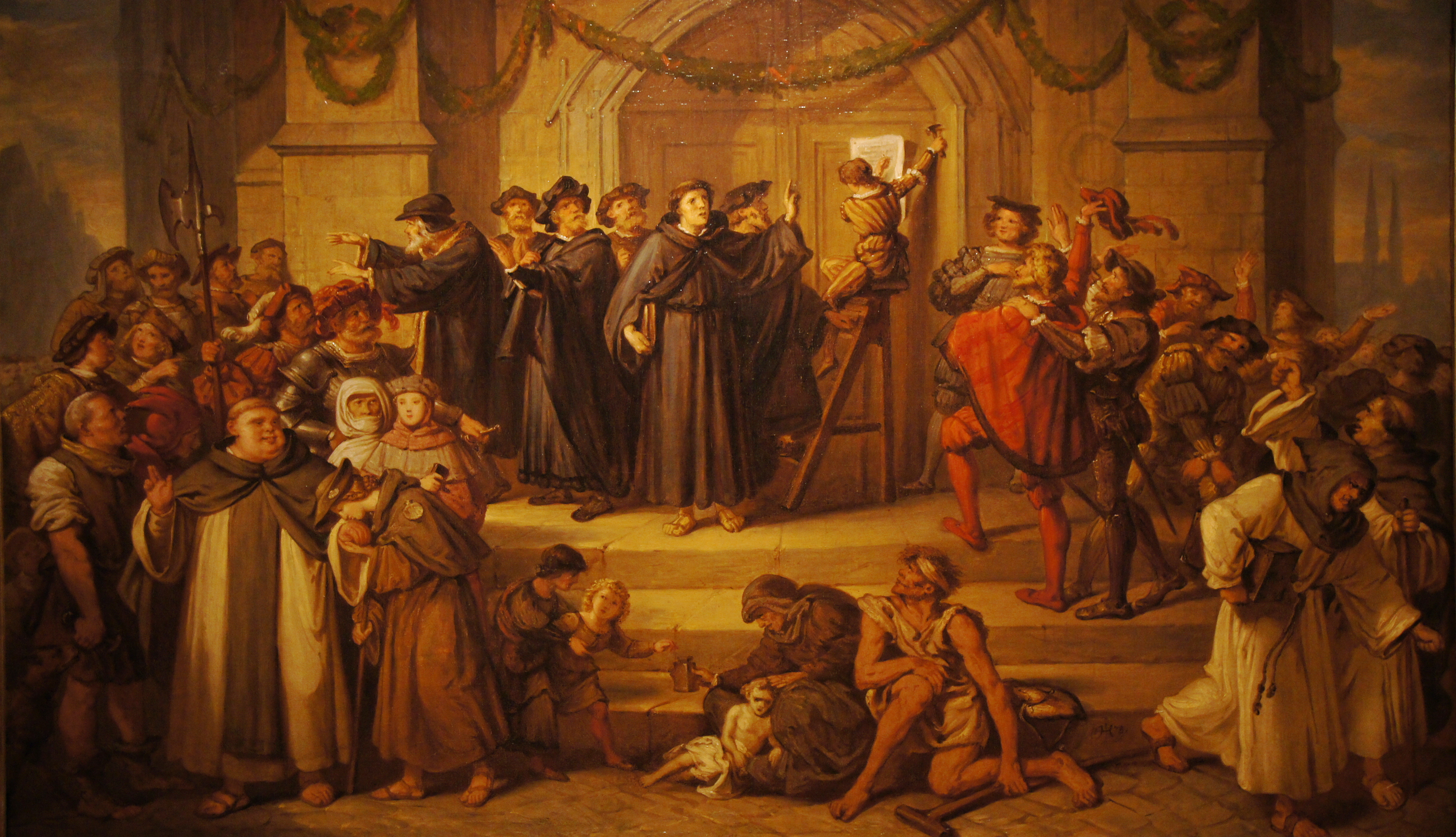 Martin Luther speaking while his ninety-five theses are nailed to the door of All Saints' Church